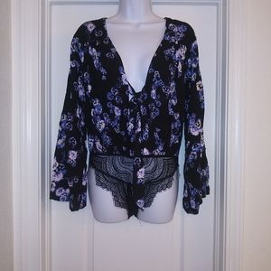 Free People Floral Bell Sleeve Bodysuit Top